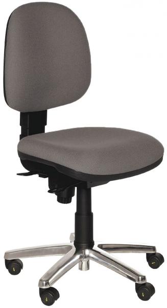 The office chair has a gray upholstery with a round seat and a slightly curved backrest. It stands on a five-spoke base with casters that provide mobility.