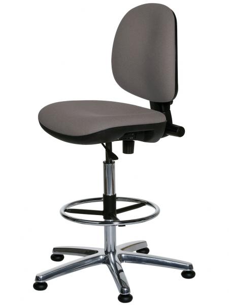 The chair is height-adjustable and has a gray seat and a backrest. It stands on a stable, chrome-plated base with five casters that provide mobility.