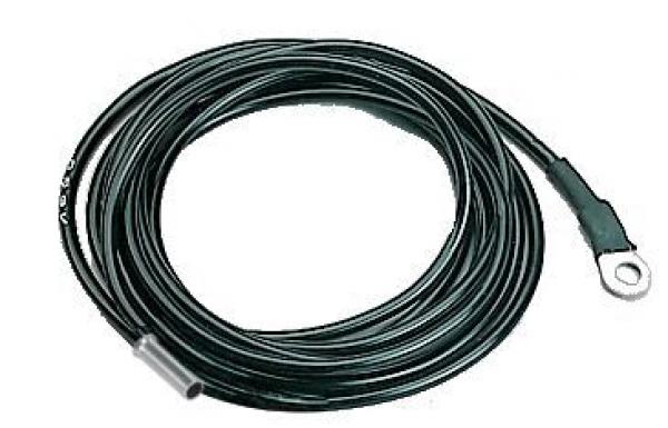The image shows a long, black cable that is coiled in a spiral. At one end, there is a ring-shaped connector that serves as the connection point.