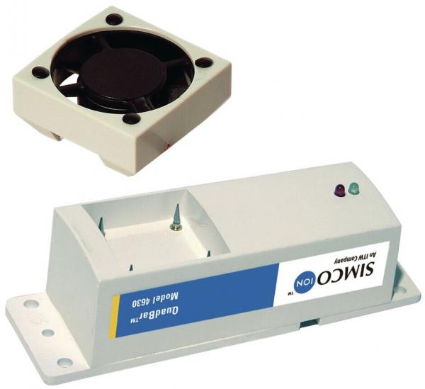 The image displays a rectangular, gray housing part with two green LEDs and an opening. At the top, there is a square fan with a black blade surface.