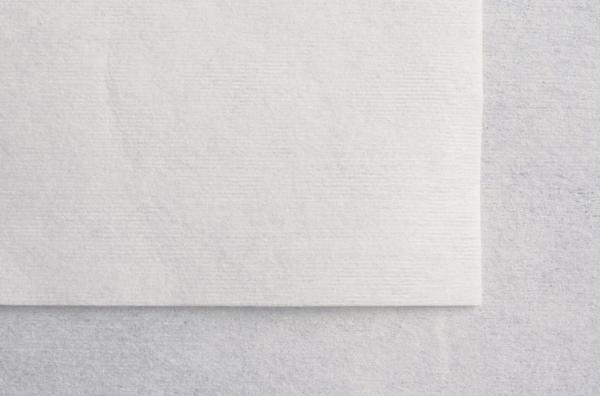 The image shows a piece of light, almost white paper on a gray background. The surface of the paper has fine, subtle lines.