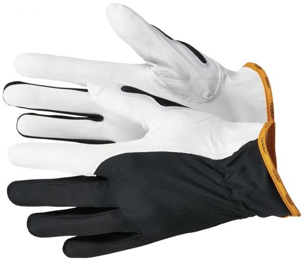 Das Bild zeigt ein Paar Handschuhe. Die Oberseite ist weiß mit schwarzen Fingern, während die Handflächen schwarz sind. Der Bund hat eine orangene Einfassung. Sie wirken sportlich und funktional.