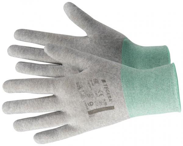 Das Bild zeigt ein Paar Arbeitshandschuhe. Sie sind grau, mit einem grünen Bündchen am Handgelenk. Die Oberfläche ist glatt und die Handschuhe wirken strapazierfähig.