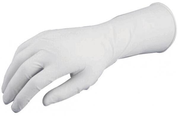 Das Bild zeigt eine weiße, gummierte Hand, die in einer offenen Position gehalten wird. Die Hand hat fünf Finger und ist schlank gestaltet, typisch für einen Handschuh.