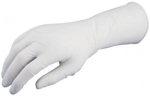 Das Bild zeigt einen weißen Einweghandschuh, der auf einer flachen Oberfläche liegt. Der Handschuh ist leicht gewellt und hat eine anatomische Form, wie eine Hand.