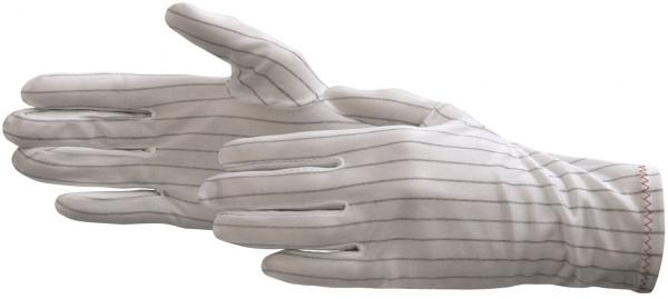 Das Bild zeigt ein Paar weiße Handschuhe mit feinen, hellgrauen Streifen. Die Handschuhe sind leicht geöffnet und wirken alltagsgerecht, zum Beispiel für Gartenarbeit oder Handwerk.