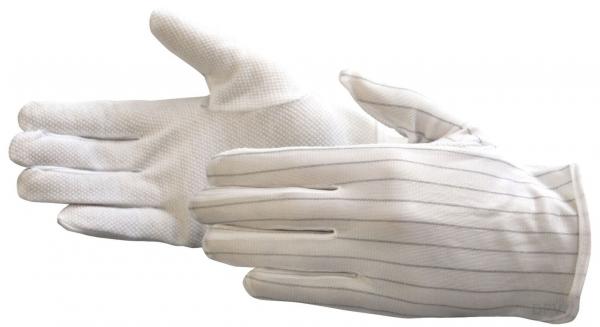 Das Bild zeigt ein Paar weißer Handschuhe mit feinen, vertikalen Streifen. Die Handschuhe sind leicht gefaltet, wobei eine Hand offen ist, als ob sie ausgebreitet wäre.