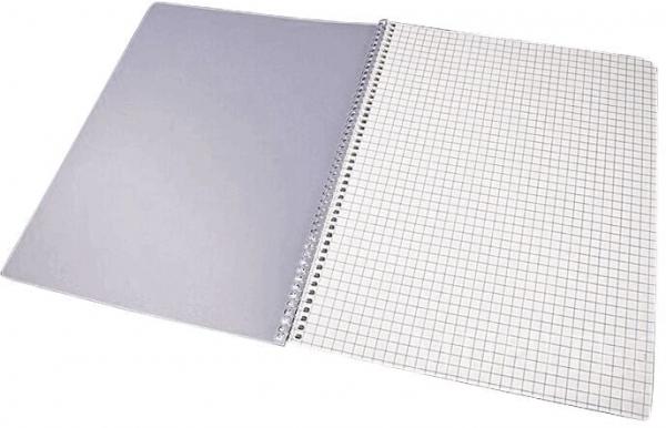 The image displays an open college notebook. The left side is blank and gray, while the right side features a grid pattern with small squares separated by lines.