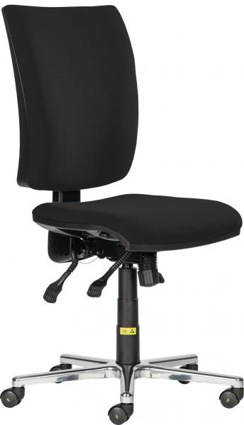 The chair has a black, padded seat and backrest. It stands on a five-spoke, chrome-plated base with casters and has adjustable levers on the side for height and tilt.