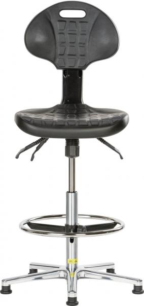 The image shows a black swivel stool with a padded seat and a reclined backrest. It has an adjustable height and five metal caster feet.