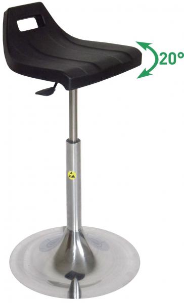 The image shows a black bar stool with an ergonomic seat. The stool has a chrome-plated, round base and can swivel 20 degrees.