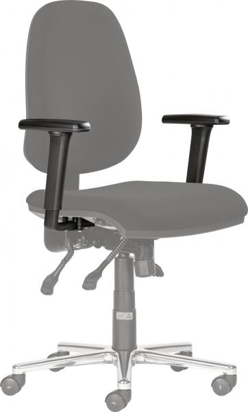 The image shows an ergonomic office chair with a wide, padded seat and a high backrest. The armrests are adjustable, and the chair has casters for mobility.
