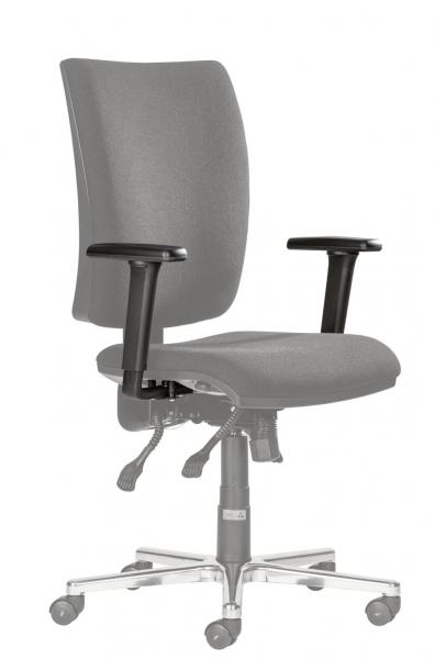 The chair is ergonomically designed, with gray upholstery and a high backrest. It has black armrests and an adjustable seat. The base is made of metal with casters.