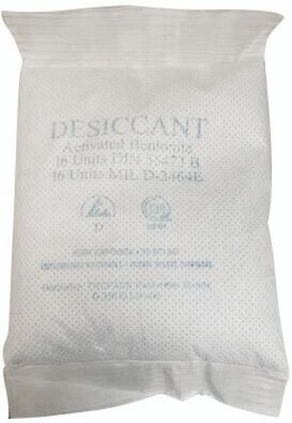 The image shows a small, rectangular pouch made of white material. It has the word "DESICCANT" written on it in blue letters, along with additional information. It is air-permeable and lightweight.
