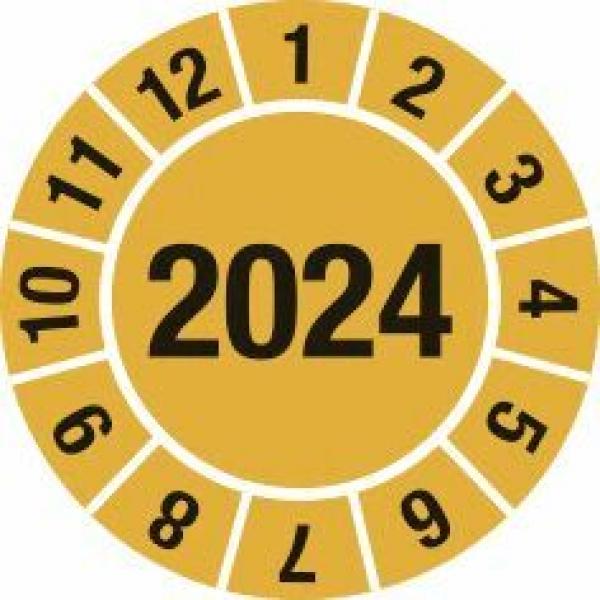 The image displays a circular graphic in yellow with the number "2024" at the center. Around the number, the digits 1 through 12 are arranged in ascending order.