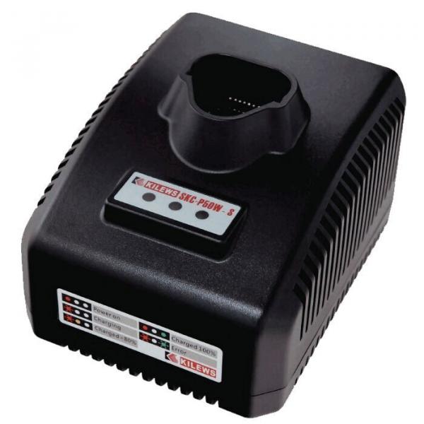 The image shows a black charger with a wide, flat base and a round opening on top. It has an indicator light and several switches on the front.