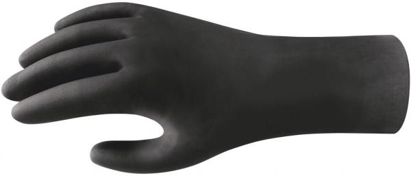 The image shows a black hand made of an elastic material. It is flat and has five fingers, which are relaxed and pointing forward. The entire surface is smooth and even.