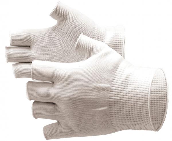 Das Bild zeigt ein Paar fingerloser, weißer Handschuhe. Sie sind aus einem dehnbaren Material und haben einen gerippten Bund am Handgelenk.