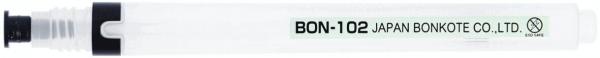 The image shows a clear, transparent pen with a black cap. On the side it reads "BON-102 JAPAN BONKOTE CO., LTD." in green lettering. The pen has a pointed tip.