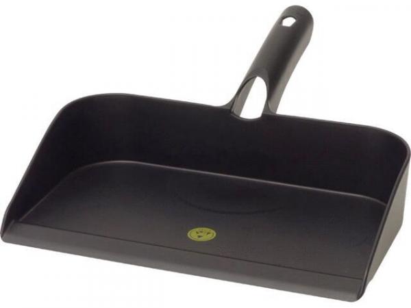 The image shows a black plastic dustpan with a wide, flat bottom and an ergonomic handle. The handle has a hole for hanging.