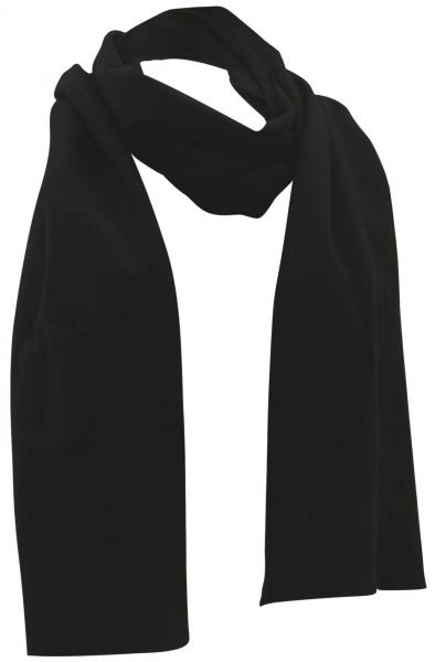 The image shows a long, narrow, black scarf made of soft material. The scarf is even at both ends and drapes gently downwards.