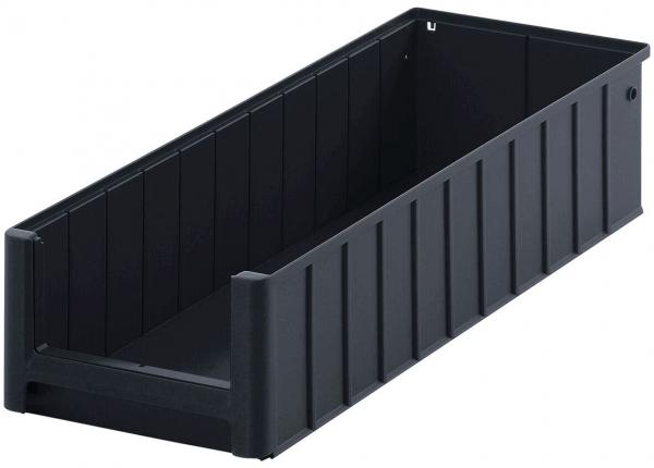 Das Bild zeigt eine rechteckige, flache Aufbewahrungsbox aus schwarzem Kunststoff. Sie hat vertikale Rillen an den Seiten und ist offen, ohne Deckel. Ideal für die Organisation von Gegenständen.