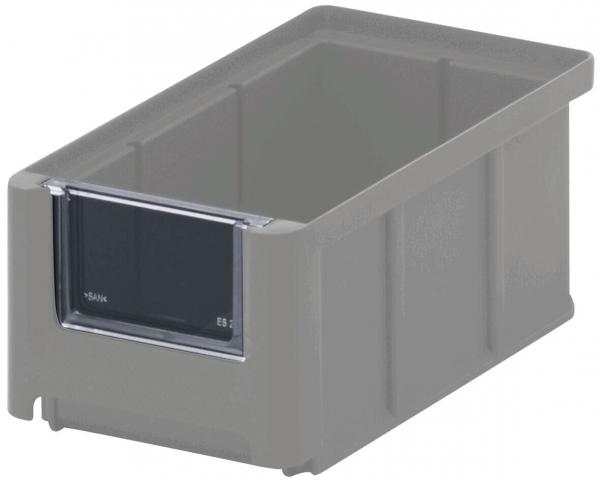 The image shows a rectangular, gray plastic box with an open top edge. On the front, there is a small, black labeling area. The box has straight edges and is sturdy.