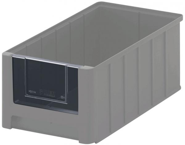 Es handelt sich um eine rechteckige, gräuliche Aufbewahrungsbox aus Kunststoff. Sie hat eine leicht transparente Front, um den Inhalt zu sehen, und ist in einem schlichten, funktionalen Design gehalten.