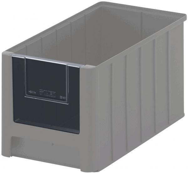 It is a rectangular, gray plastic box with raised sides and an open top. The front has a transparent flap that makes the contents visible.