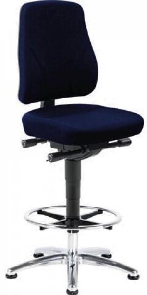 The image shows an adjustable office stool with a dark blue, padded seat and backrest. The stool has a round metal frame with five casters.