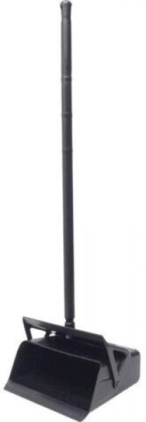 The image shows a black shovel with a long, thin handle. The shovel has a wide, flat scoop that is suitable for picking up material.
