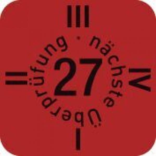 The image shows a red square with a large central number "27". Around it, the words "next exam" and "exam" are written in black, cursive script.