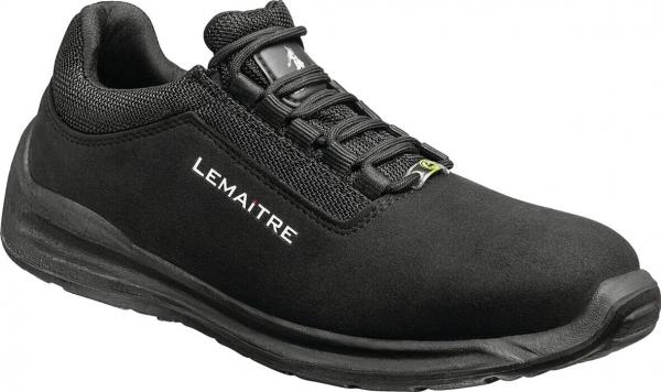 The image shows a black athletic shoe with a smooth surface. It features a non-slip sole, laces, and the word "LEMAITRE" printed on the side. The shoe appears modern and comfortable.