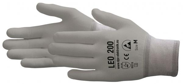Das Bild zeigt einen grauen Arbeitshandschuh mit einer eng gewebten Struktur. Auf der Handfläche steht "LE0 200" sowie weitere Hinweise. Der Handschuh erscheint flexibel und bequem.