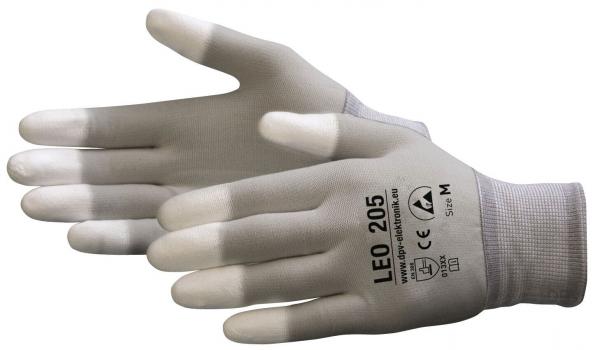 Das Bild zeigt ein Paar graue Arbeitshandschuhe mit weißen Fingerspitzen. Die Handschuhe sind auf einem weißen Hintergrund abgebildet und wirken flexibel und passgenau.