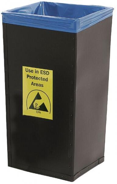 The waste bin is tall and rectangular, with a black surface. It has a blue rim at the top and a yellow warning sign indicating its use in ESD-protected areas.