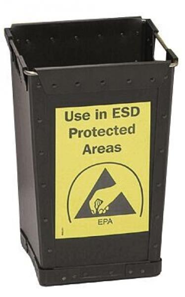 The image shows a black trash can with a yellow warning. It reads “Use in ESD Protected Areas” and features a symbol indicating safe handling.