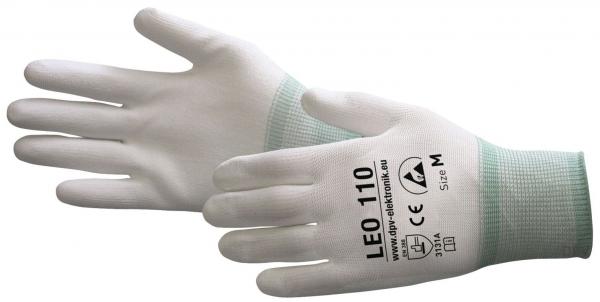 The image shows a pair of work gloves. They are predominantly white with a green cuff. On the palm, there is a black inscription with the model designation and symbols.