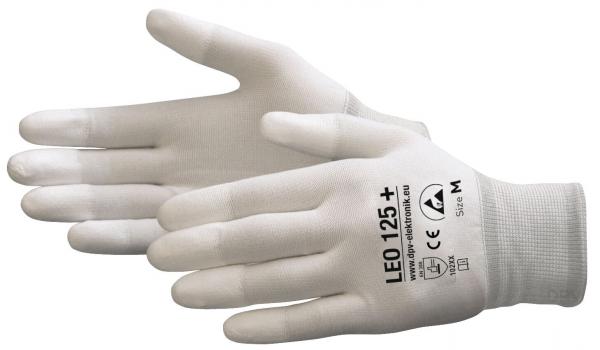 Das Bild zeigt ein Paar weiße, enganliegende Handschuhe. Sie haben einen elastischen Bund am Handgelenk und sind für den Schutz von Händen gedacht. Auf der Innenseite steht das Modell LE0 125+.
