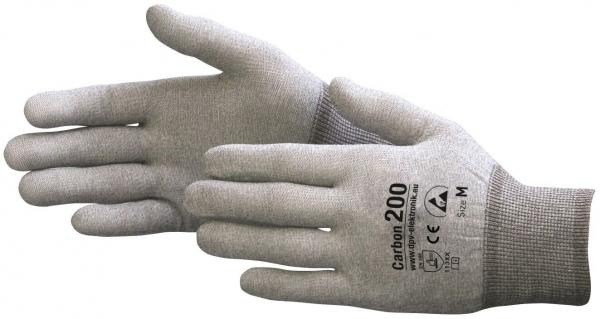 The image shows a pair of gray work gloves lying flat on a surface. The gloves are durable and have a fine texture. One glove features a label with manufacturing details.
