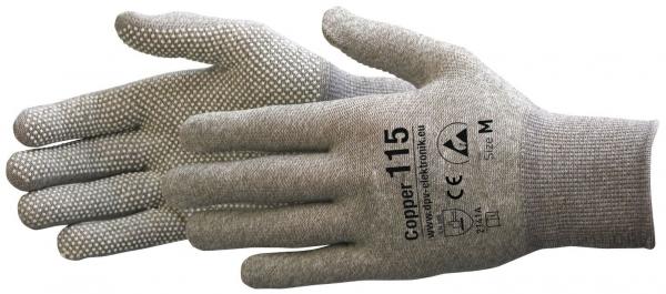 Das Bild zeigt einen grauen Arbeitshandschuh mit strukturiertem, rutschfestem Griff und verstärkten Nähten. Auf dem Handrücken ist eine Beschriftung zu sehen. Der Handschuh wird in voller Länge abgebildet.