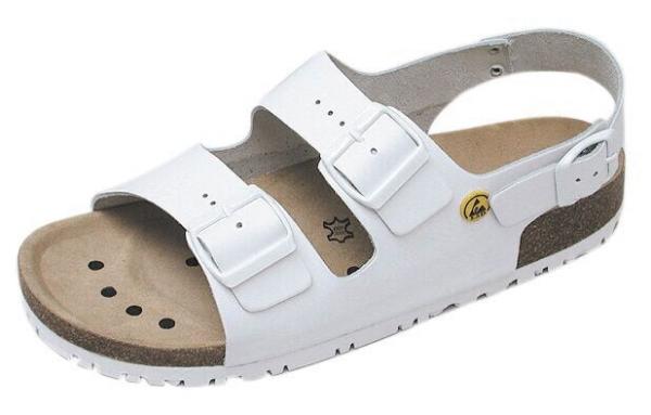 The image shows a white sandal with two adjustable straps and a wide sole. The inside is brown and made of a soft material. Small holes are included for breathability.