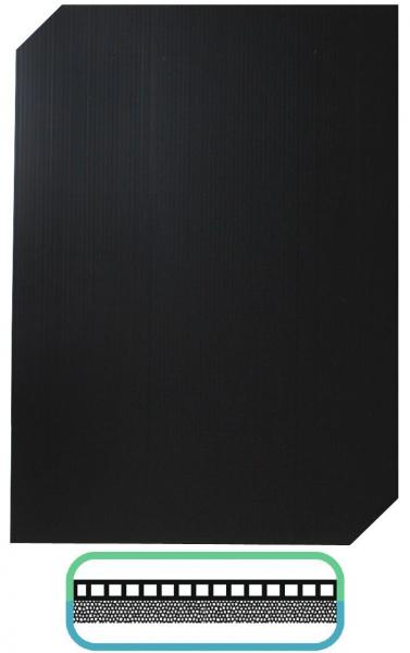 The image displays a black, smooth sheet with a slightly textured surface. Below is a green frame featuring a pattern and a sort of stripe.