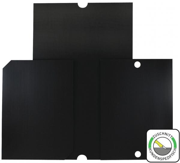 The image shows a black, three-part folder made of sturdy material. It has a central section and two side flaps, each featuring an opening.