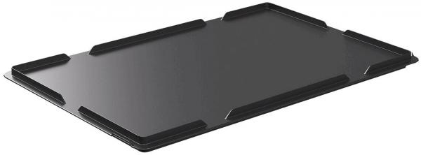The image displays a rectangular, flat tray in black. It features slightly raised edges at the corners to prevent items from falling off. The surface is smooth.