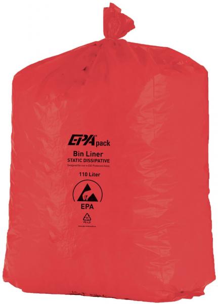 Das Bild zeigt einen großen, roten Müllsack. Der Sack ist oben zusammengebunden und trägt eine schwarze Aufschrift, die Informationen über Größe und Material angibt.