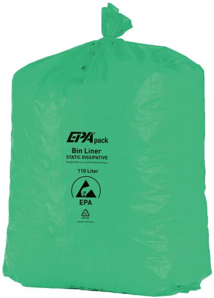 Das Bild zeigt einen großen, grünen Müllsack mit einer Zugbandverschlussschnur. Auf der Vorderseite sind Symbole und eine Schriftzug mit Informationen zu Größe und Verwendung abgedruckt.