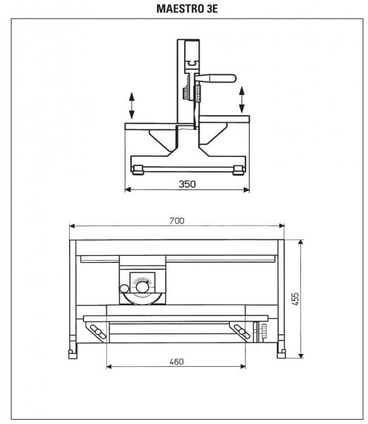 Das Bild zeigt einen technischen Plan des Modells "Maestro 3E". Oben ist eine Seitenansicht mit Höhenangaben, unten eine Draufsicht mit Maßen von 700 mm in der Breite und 455 mm in der Höhe.