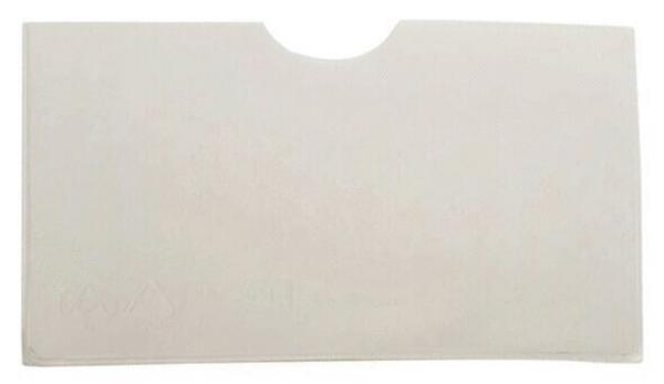 The image shows a white, rectangular plastic or paper card with a notch at the top. It is flat and unprinted.