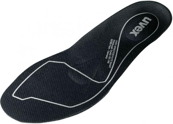 The image shows a black shoe sole with a textured surface. It has a contoured shape and a white line that highlights the outlines.